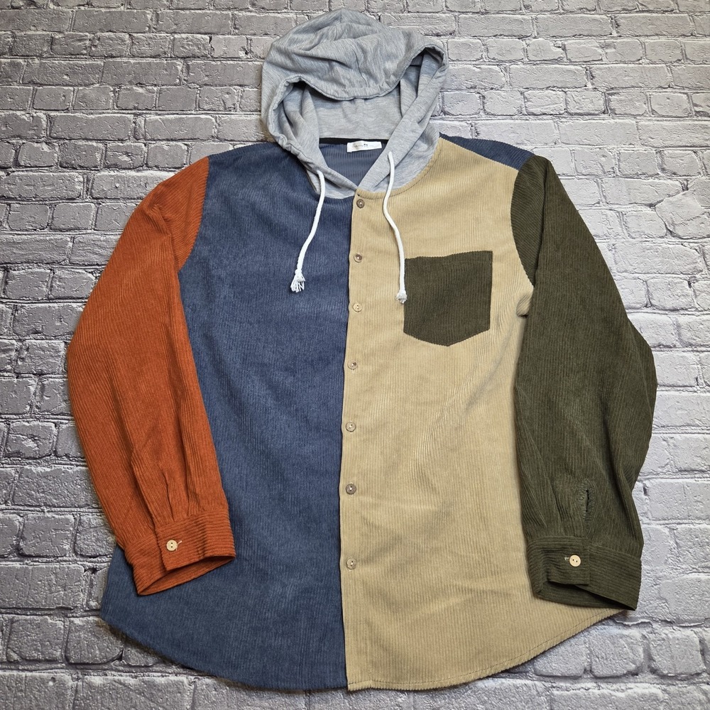 ChArmkpR Mens Corduroy Color Block Hooded Button Up Streetwear Shirt XXL